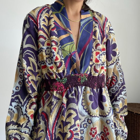 Johnny Was 100% silk floral print smock waist tunic top L - Picture 6 of 10